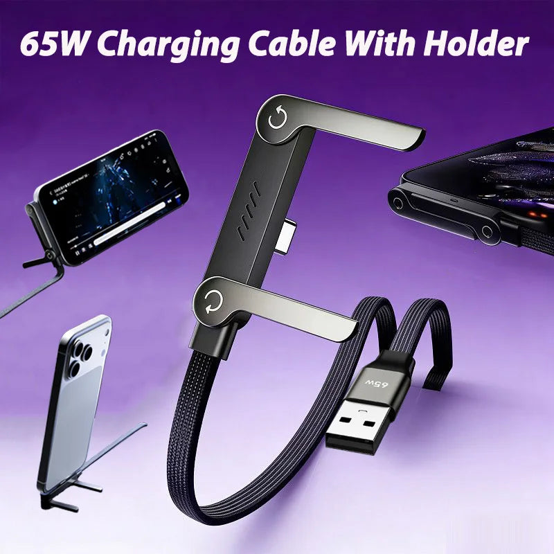 65W USB-C Fast Charging Cable with Foldable Phone Holder