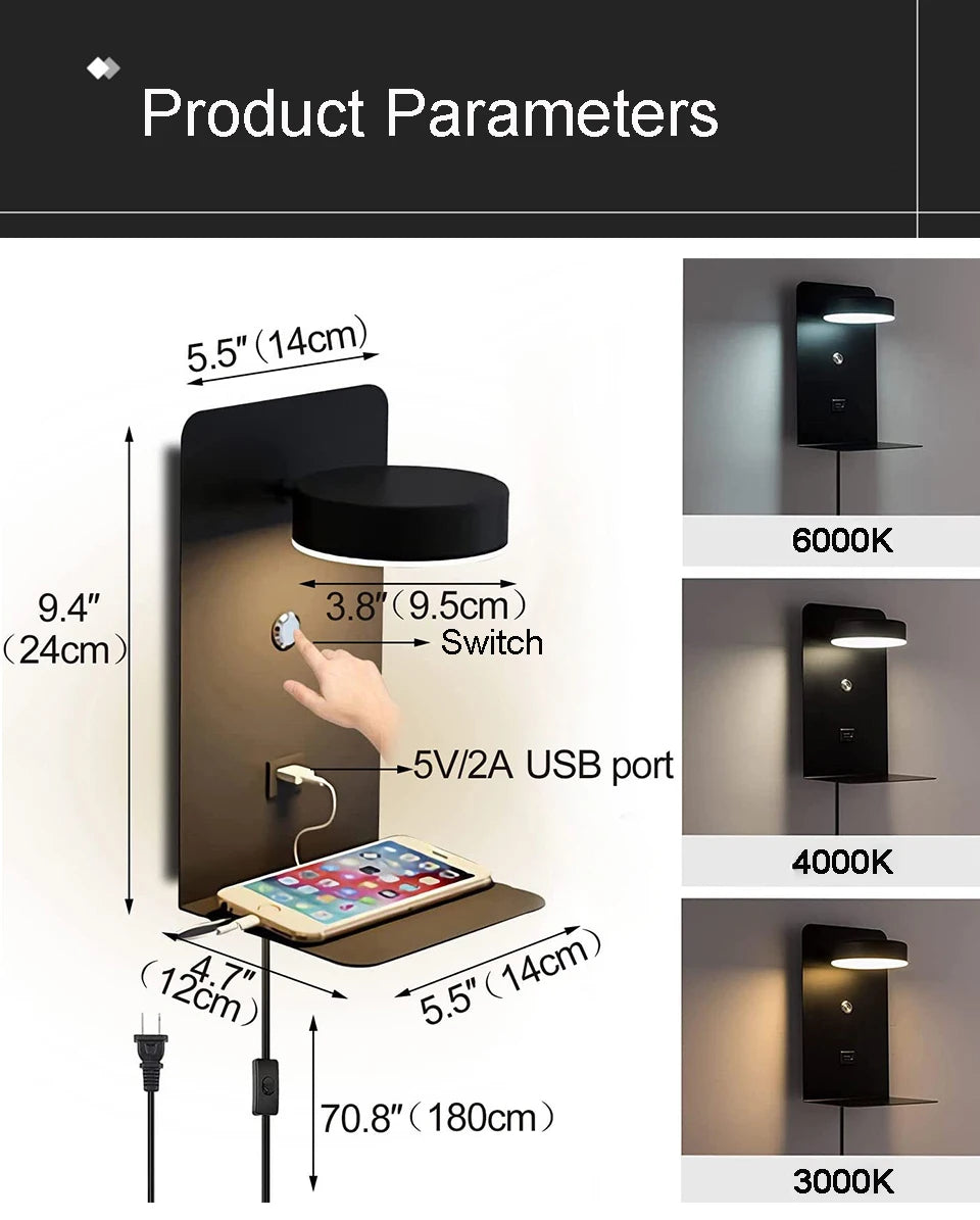 LED Wall Lamp With Switch And USB Charging Port