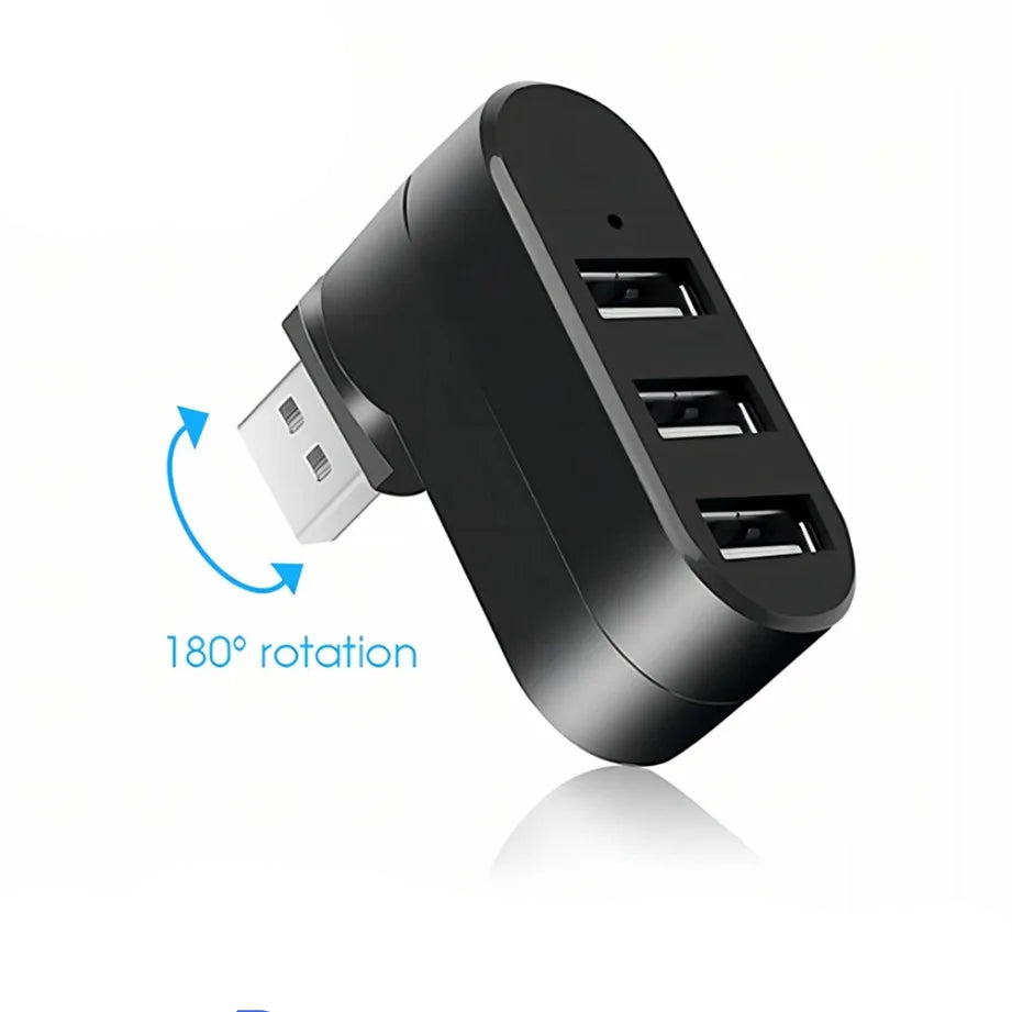 Black USB 2.0 hub adapter with 3 ports and 180-degree rotation feature on a white background.