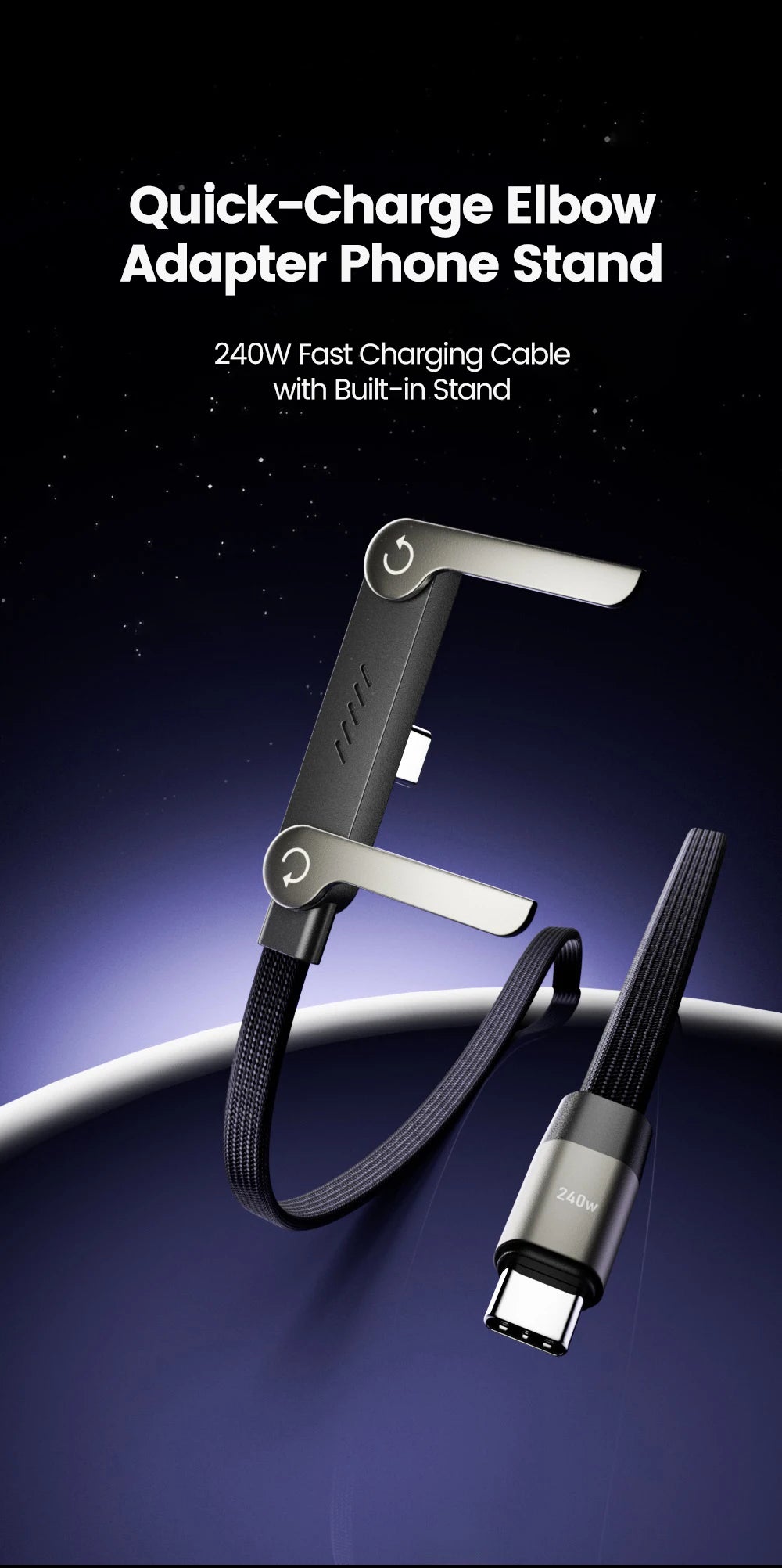 65W USB-C Fast Charging Cable with Foldable Phone Holder