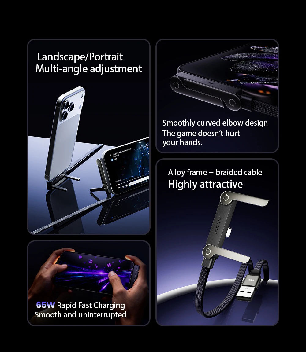 65W USB-C Fast Charging Cable with Foldable Phone Holder