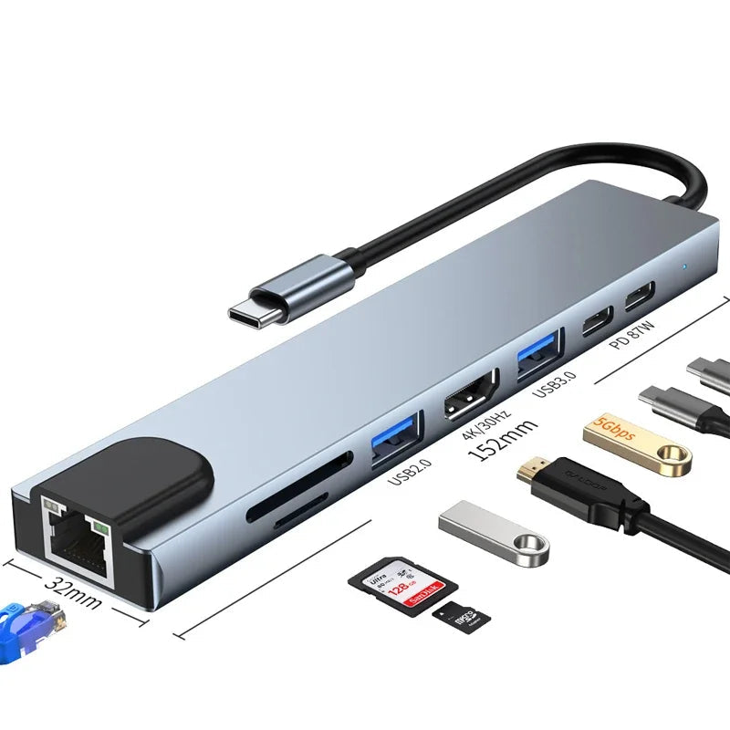 8-in-1 USB hub with various ports and connectors on a white background