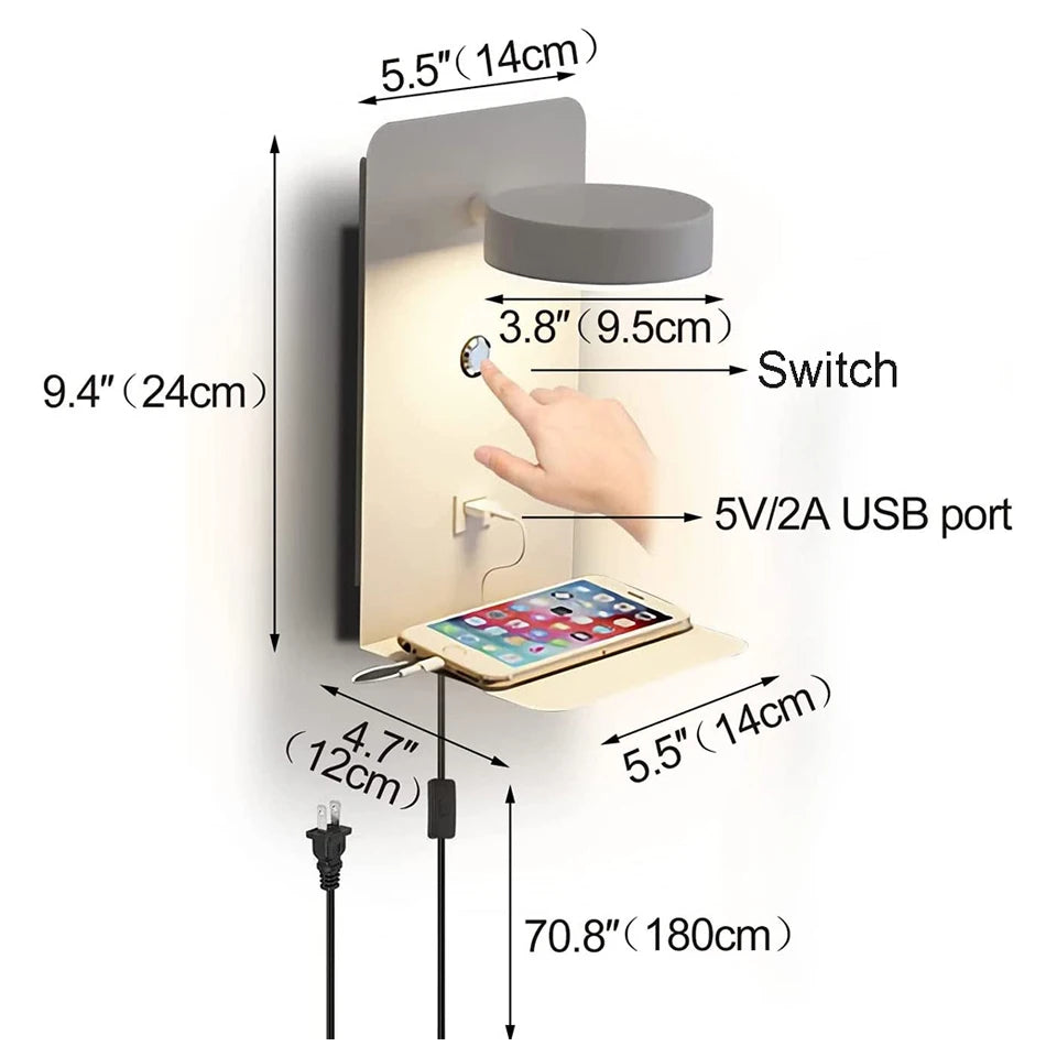 LED Wall Lamp With Switch And USB Charging Port