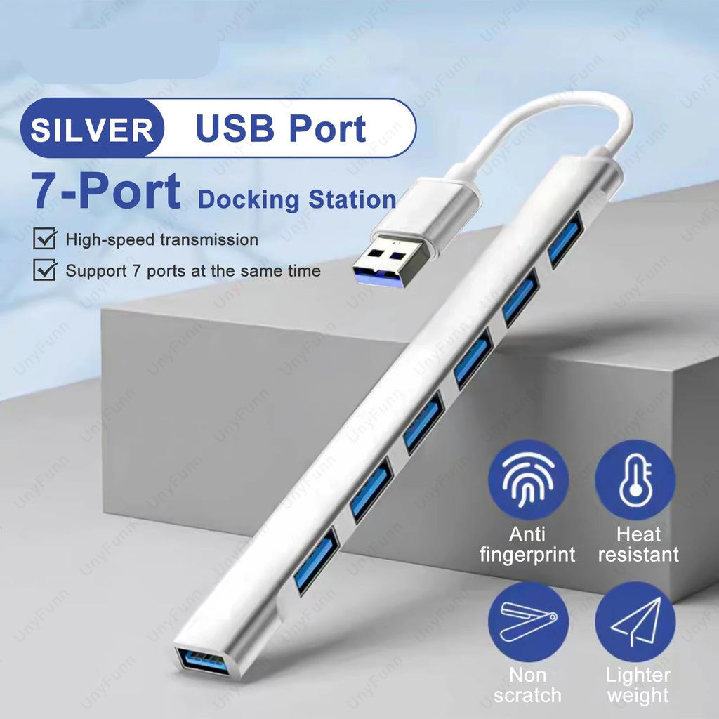 7-port USB docking station with branding on a light blue background