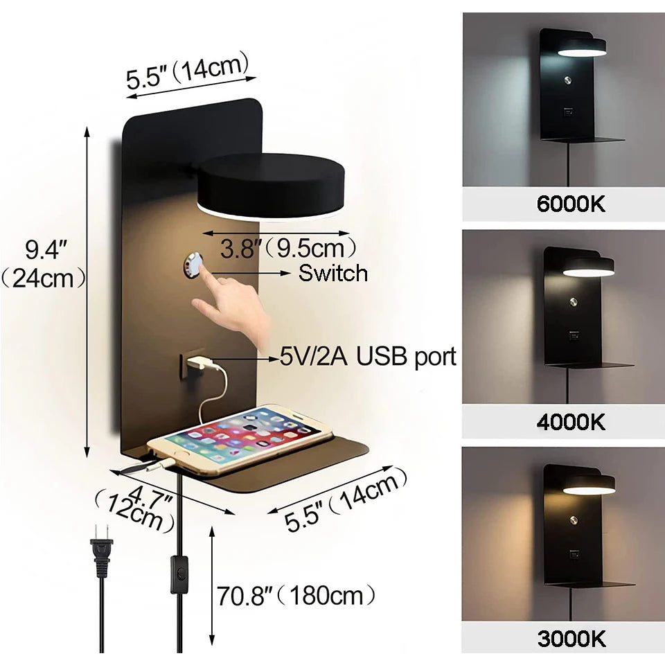 LED Wall Lamp With Switch And USB Charging Port