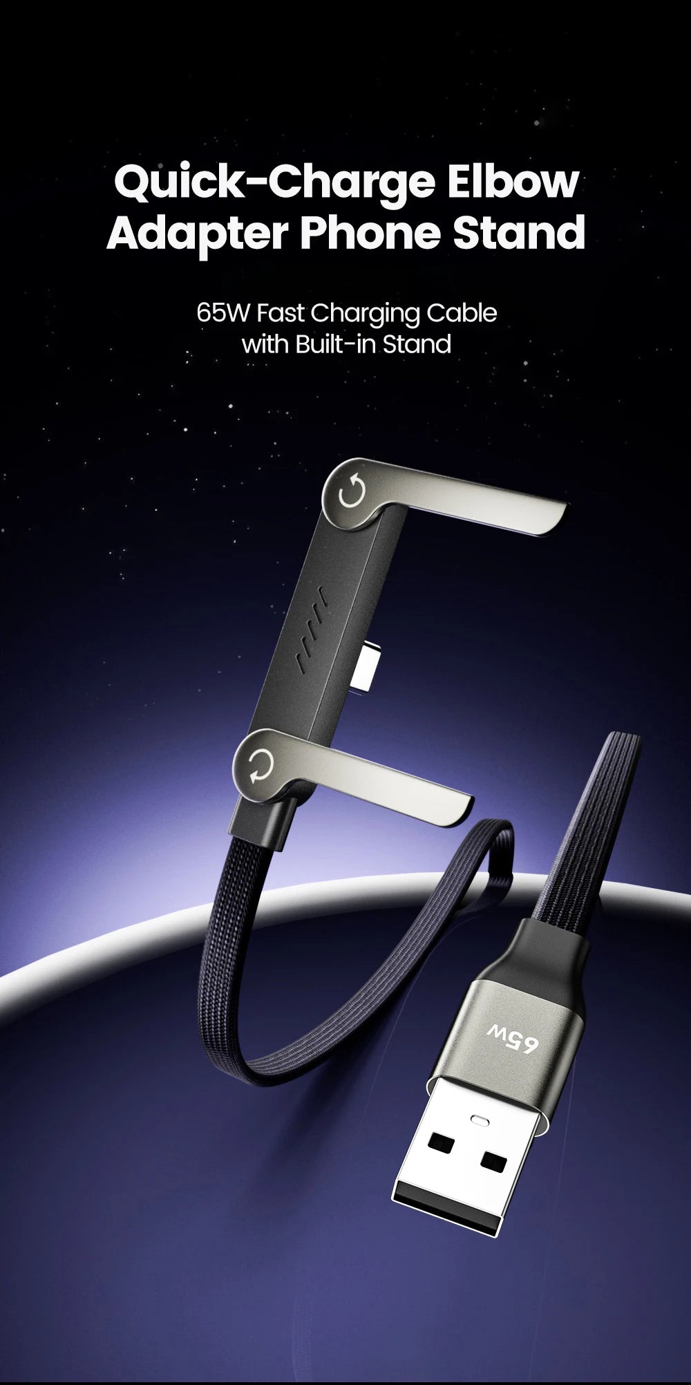 65W USB-C Fast Charging Cable with Foldable Phone Holder