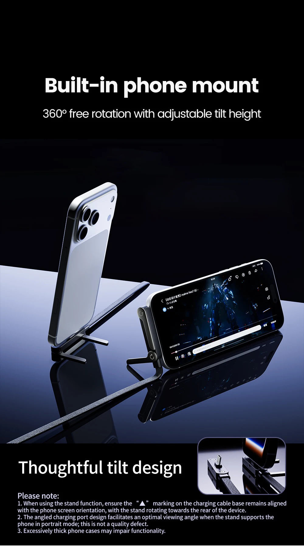 65W USB-C Fast Charging Cable with Foldable Phone Holder