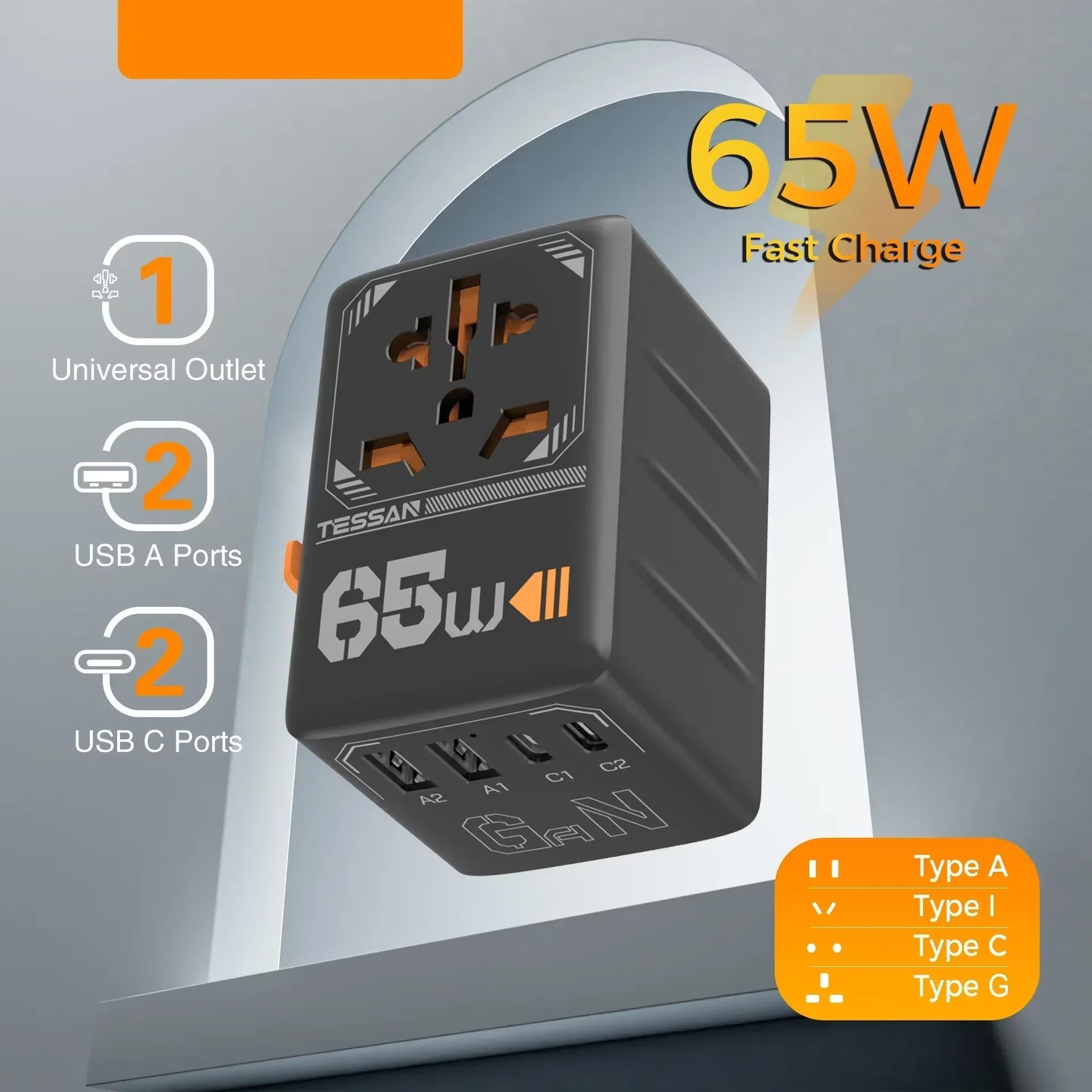 Power adapter with 65W fast charge capability on a gray background