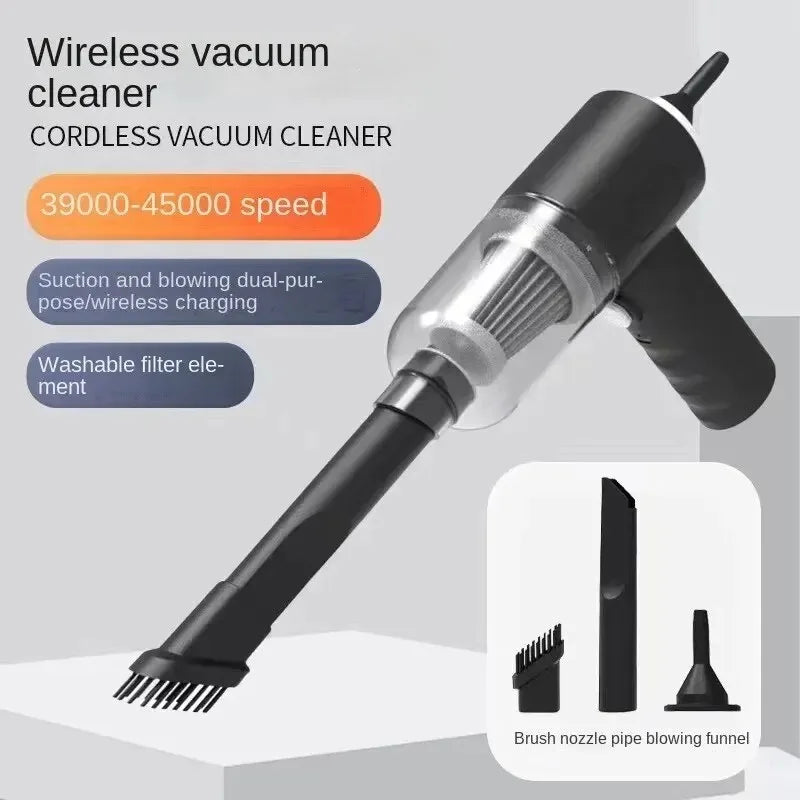Wireless vacuum cleaner with attachments on a gray background